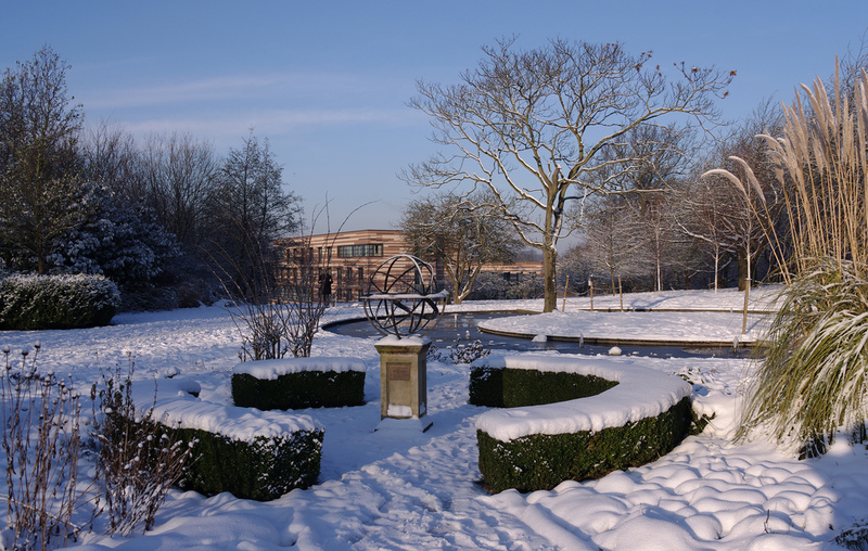 Snow in the Millennium Garden on the University of Nottingham's University Park campus