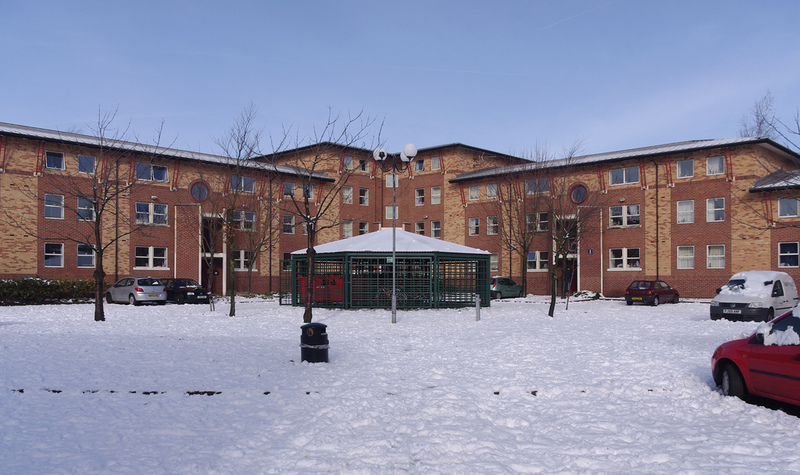 Snow on Nottingham Trent University's Clifton Campus. This is Peverell Hall of Residence