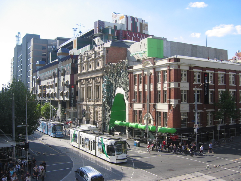 Variety of architecture on Swanston Street at RMIT's City campus